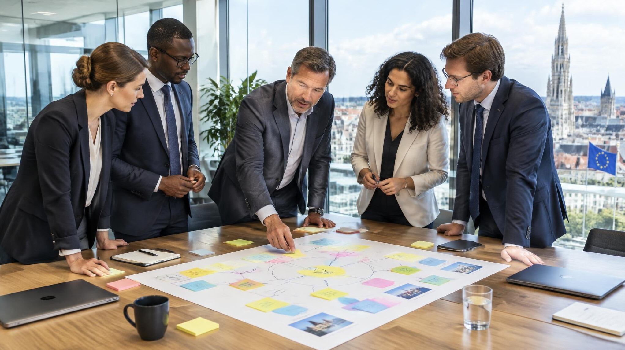 Executives in a glass meeting room discussing a strategy board